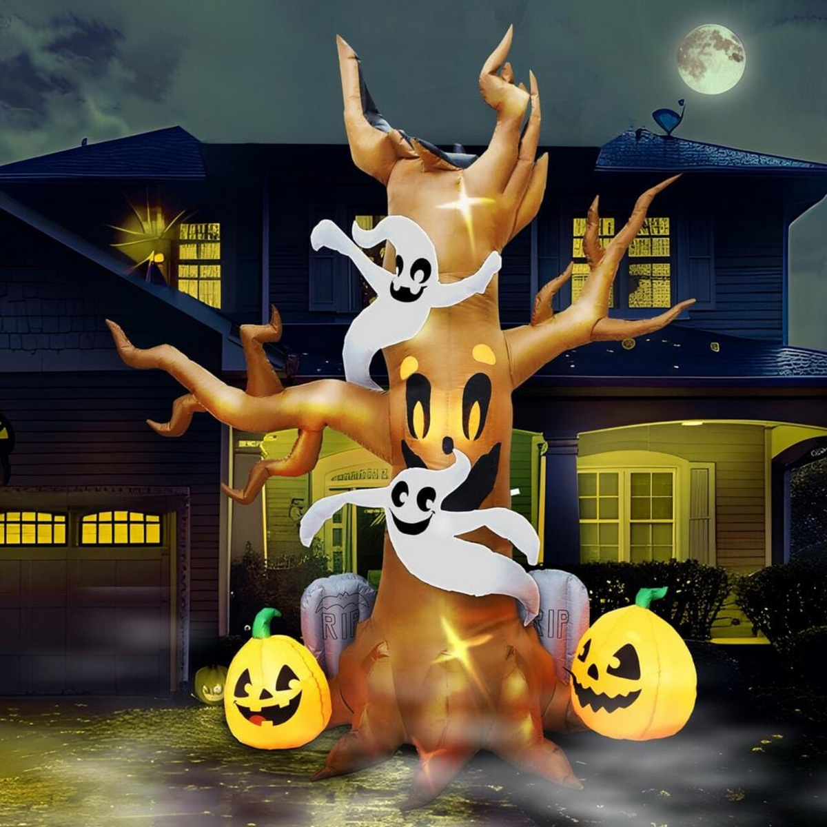 8 FT Halloween Inflatable Scary Tree with Ghosts Pumpkins and Tombstone