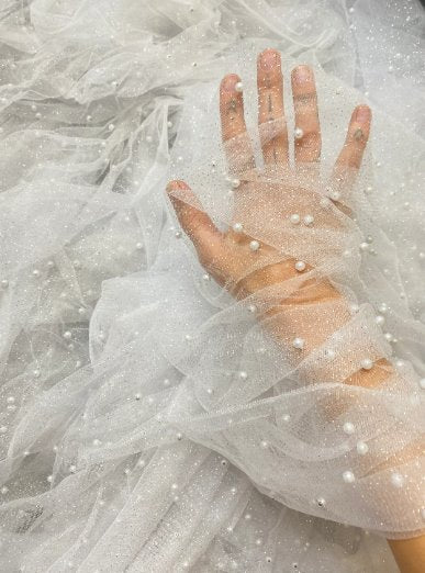 White Pearl Beaded Glittery Tulle