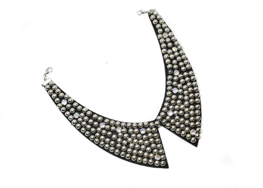 Beaded Necklace Applique Silver Rhinestones 9.5"