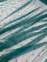 Teal Pearl Beaded Glitter Tulle