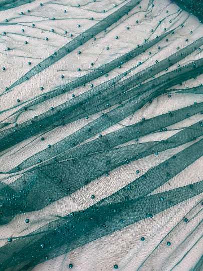 Teal Pearl Beaded Glitter Tulle