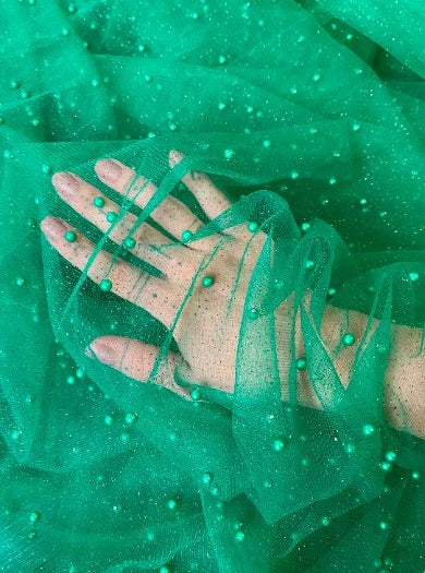 Pearl Beaded Tulle Mesh Kelly Green