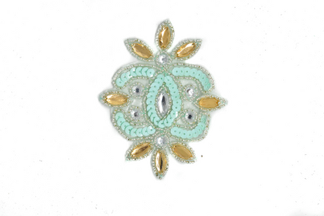 Embroidered Applique Mint Green Gold Floral Rhinestone 4x3