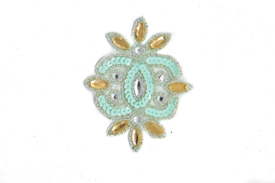 Embroidered Applique Mint Green Gold Floral Rhinestone 4x3