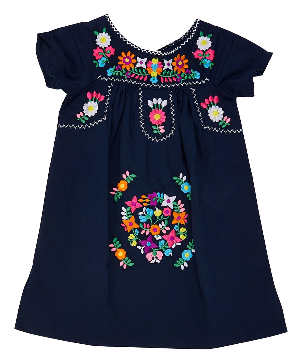 Traditional Mexican Girl Embroidered Dress - 100 Percent Cotton Fabric, Vibrant Embroidery, Knee Length, Multiple Colors, Sizes 2-8