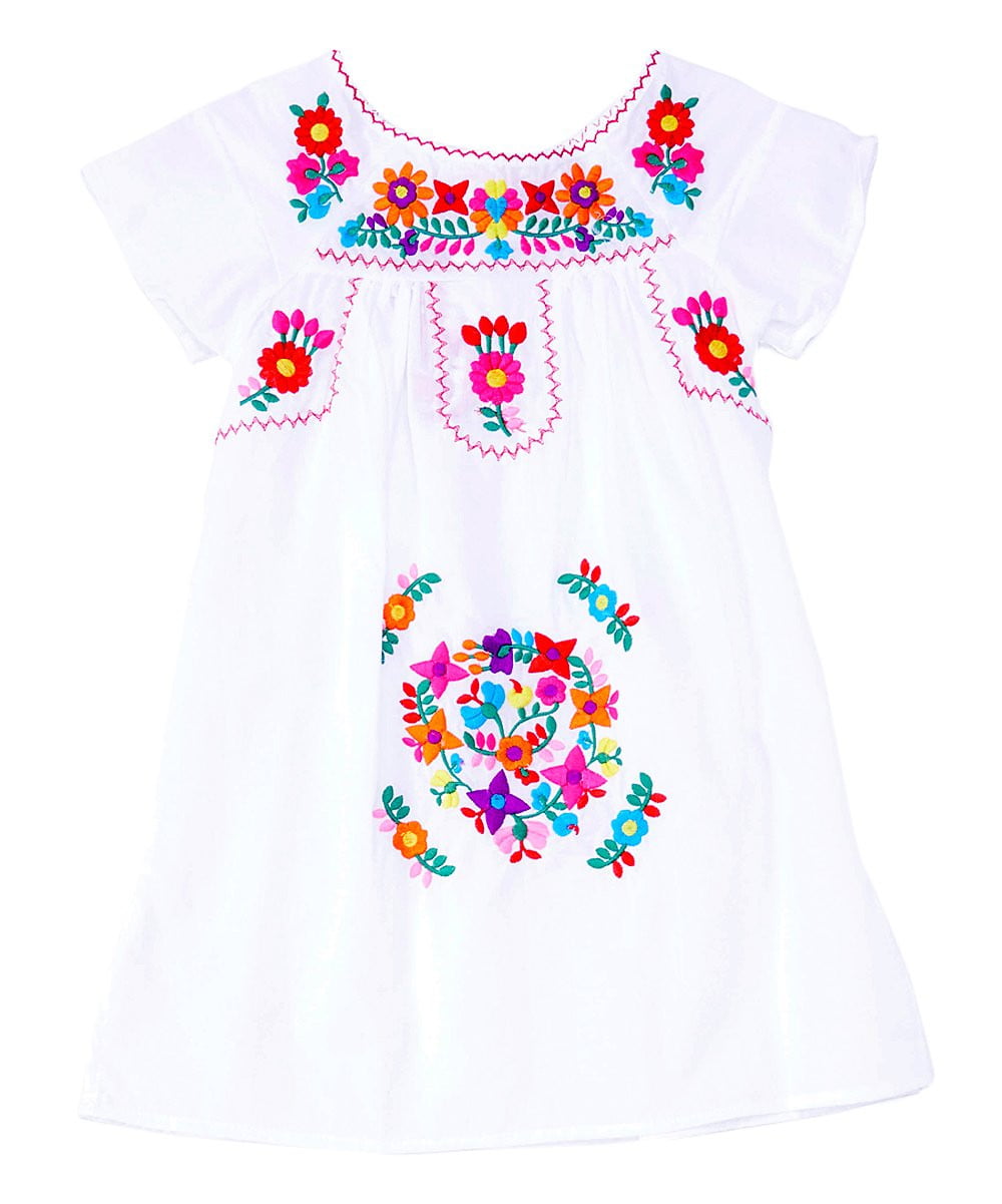 Traditional Mexican Girl Embroidered Dress - 100 Percent Cotton Fabric, Vibrant Embroidery, Knee Length, Multiple Colors, Sizes 2-8