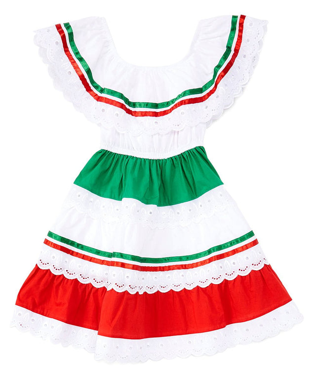 Traditional Mexican Cinco De Mayo Fiesta Dress - Red Green, Girls Dress, Sizes 2-14 (1 Piece)