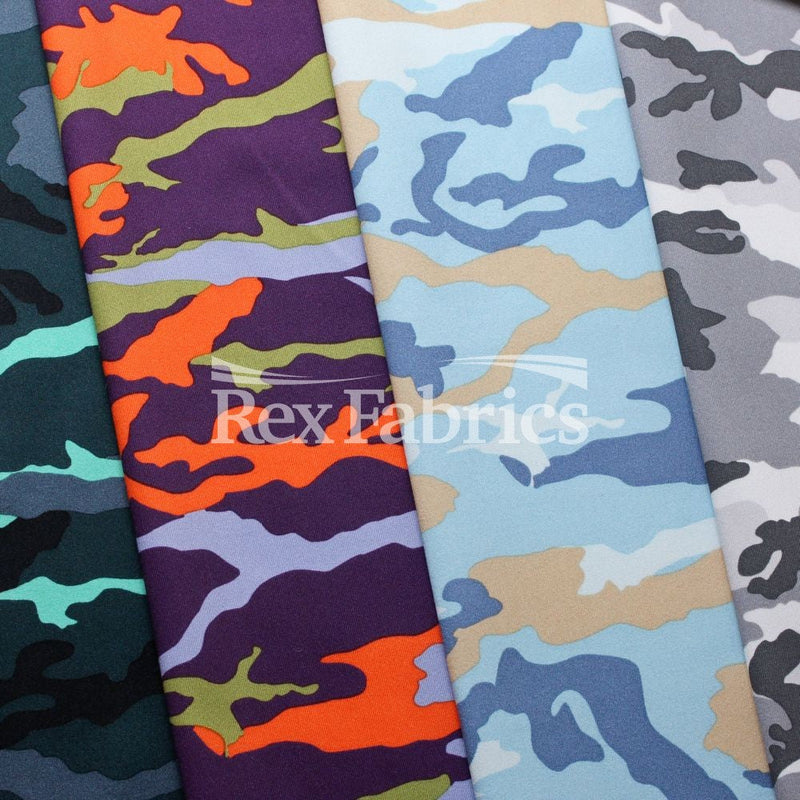 Conflict Camo Polyester Spandex Fabric - Purple/Grey/Blue/Green Camo Print, 58/60" Width, 4-Way Stretch (1 Yard)