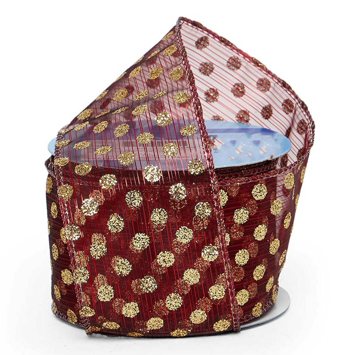 Glitter Dots On Sheer Wired Ribbon 2 1/2 '' X 10 yd Gold On Red Metallic Color 1 / roll