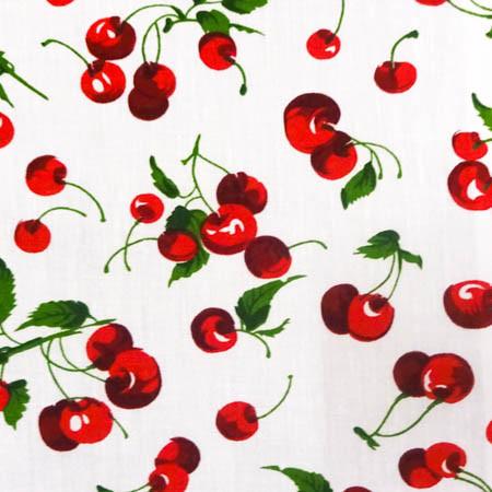 Cherry Fruit White Poly Cotton Fabric,