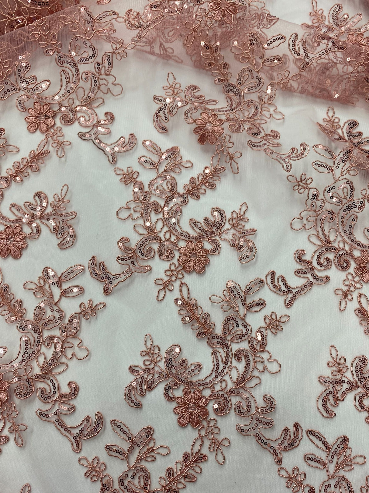 Elena's Lace Polyester Fabric - Dusty Rose Corded Mesh Embroidered With Sequins, Double Scalloped Edge, 54" Width (1 Yard)