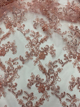 Elena's Lace Polyester Fabric - Dusty Rose Corded Mesh Embroidered With Sequins, Double Scalloped Edge, 54" Width (1 Yard)