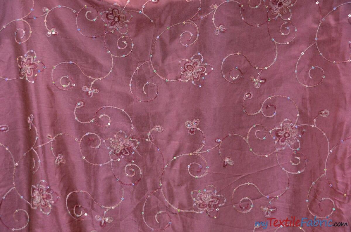 Aurora Taffeta Embroidered Floral Taffeta Fabric - Multi Color Floral Embroidery With Sequins, 54" Width (1 Yard)