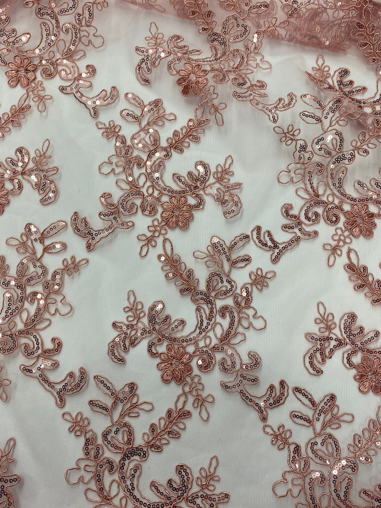 Elena's Lace Polyester Fabric - Dusty Rose Corded Mesh Embroidered With Sequins, Double Scalloped Edge, 54" Width (1 Yard)