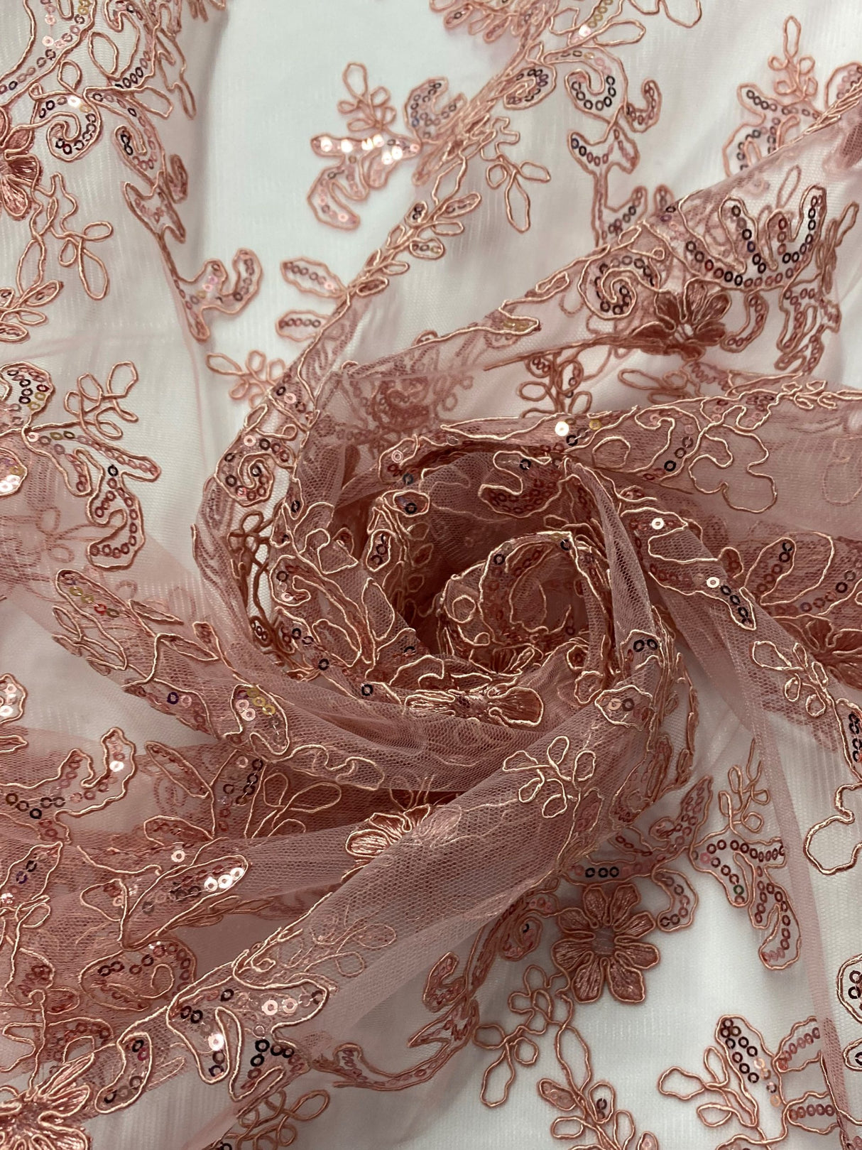 Elena's Lace Polyester Fabric - Dusty Rose Corded Mesh Embroidered With Sequins, Double Scalloped Edge, 54" Width (1 Yard)