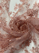 Elena's Lace Polyester Fabric - Dusty Rose Corded Mesh Embroidered With Sequins, Double Scalloped Edge, 54" Width (1 Yard)