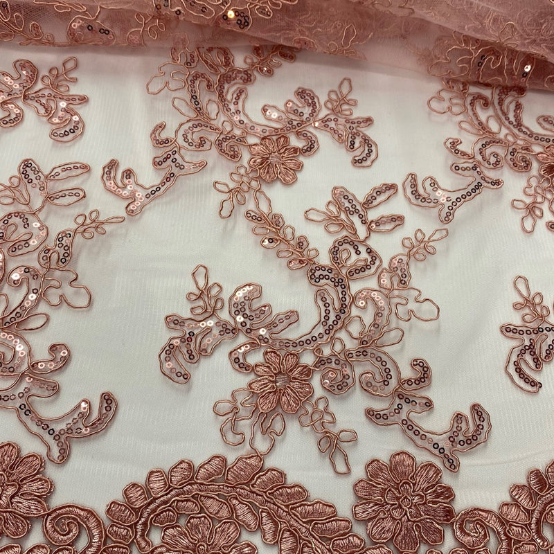 Elena's Lace Polyester Fabric - Dusty Rose Corded Mesh Embroidered With Sequins, Double Scalloped Edge, 54" Width (1 Yard)