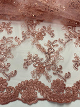 Elena's Lace Polyester Fabric - Dusty Rose Corded Mesh Embroidered With Sequins, Double Scalloped Edge, 54" Width (1 Yard)