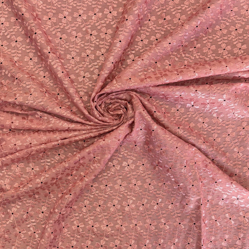 Heavy Eyelet Polyester Cotton Fabric - Dusty Rose Floral Embroidery, 41"-42" Width
