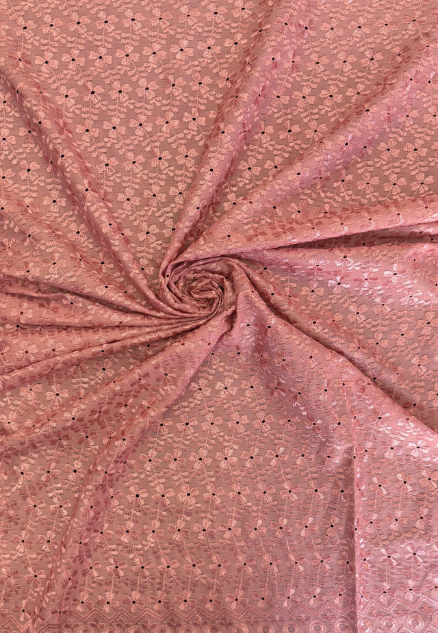 Heavy Eyelet Polyester Cotton Fabric - Dusty Rose Floral Embroidery, 41"-42" Width