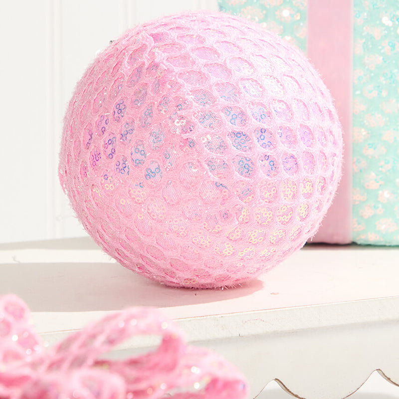 6" Pink Mesh Ball Ornament Christmas Tree Decor with Iridescent Shine and Festive Holiday Style