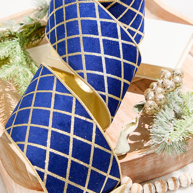 4" x 10 Yard Blue Velvet with Gold Diamond Pattern Ribbon