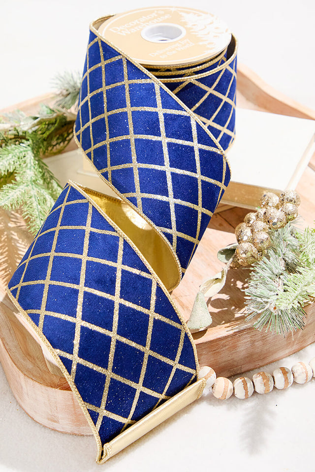 4" x 10 Yard Blue Velvet with Gold Diamond Pattern Ribbon