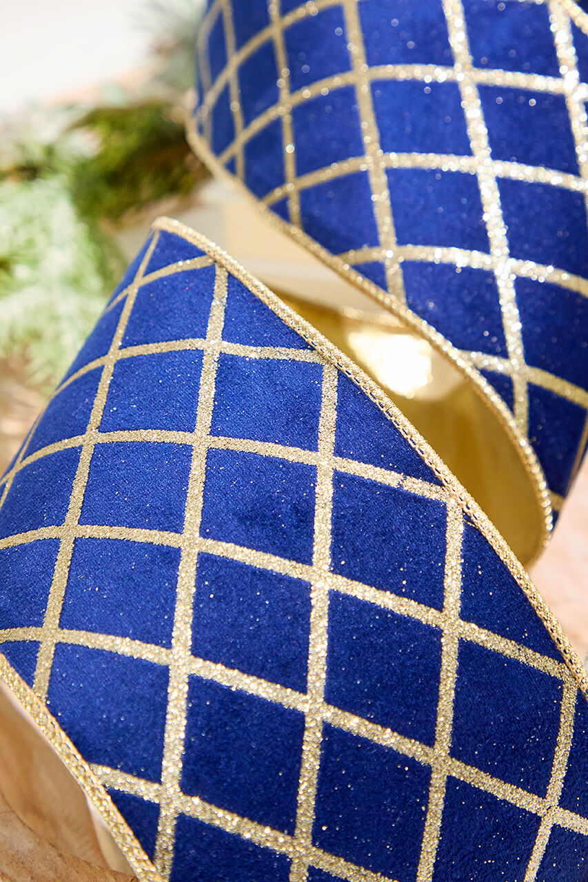 4" x 10 Yard Blue Velvet with Gold Diamond Pattern Ribbon