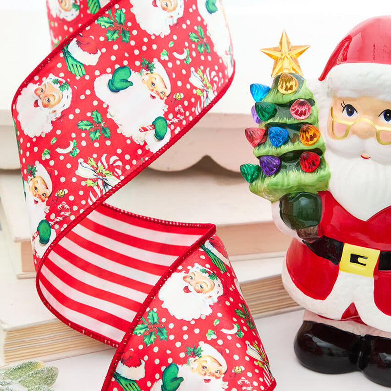 4" x 5 Yard Vintage Santa Double Sided with White and Red Striped Backing Ribbon