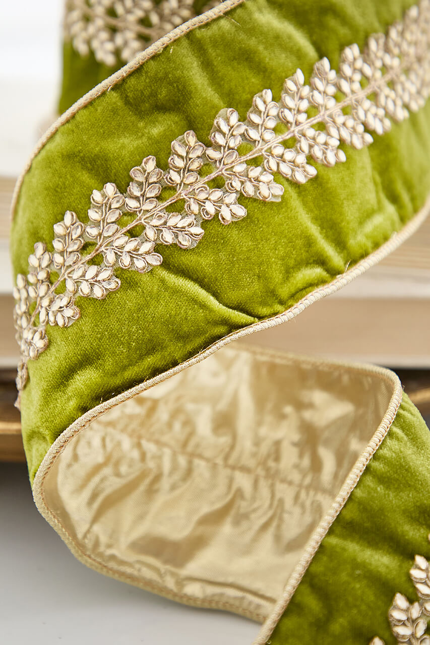 4" x 5 Yard Jeweled Center on Moss Green Velvet Ribbon