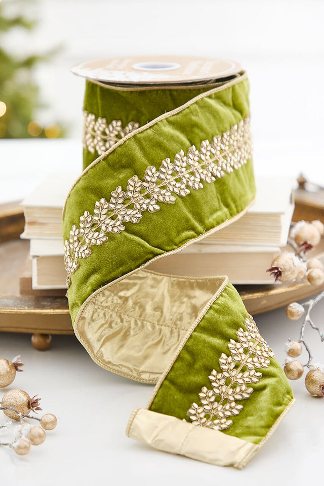 4" x 5 Yard Jeweled Center on Moss Green Velvet Ribbon