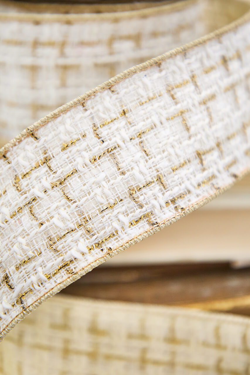 2.5" x 5 Yard Ivory and Gold Jacquard Ribbon