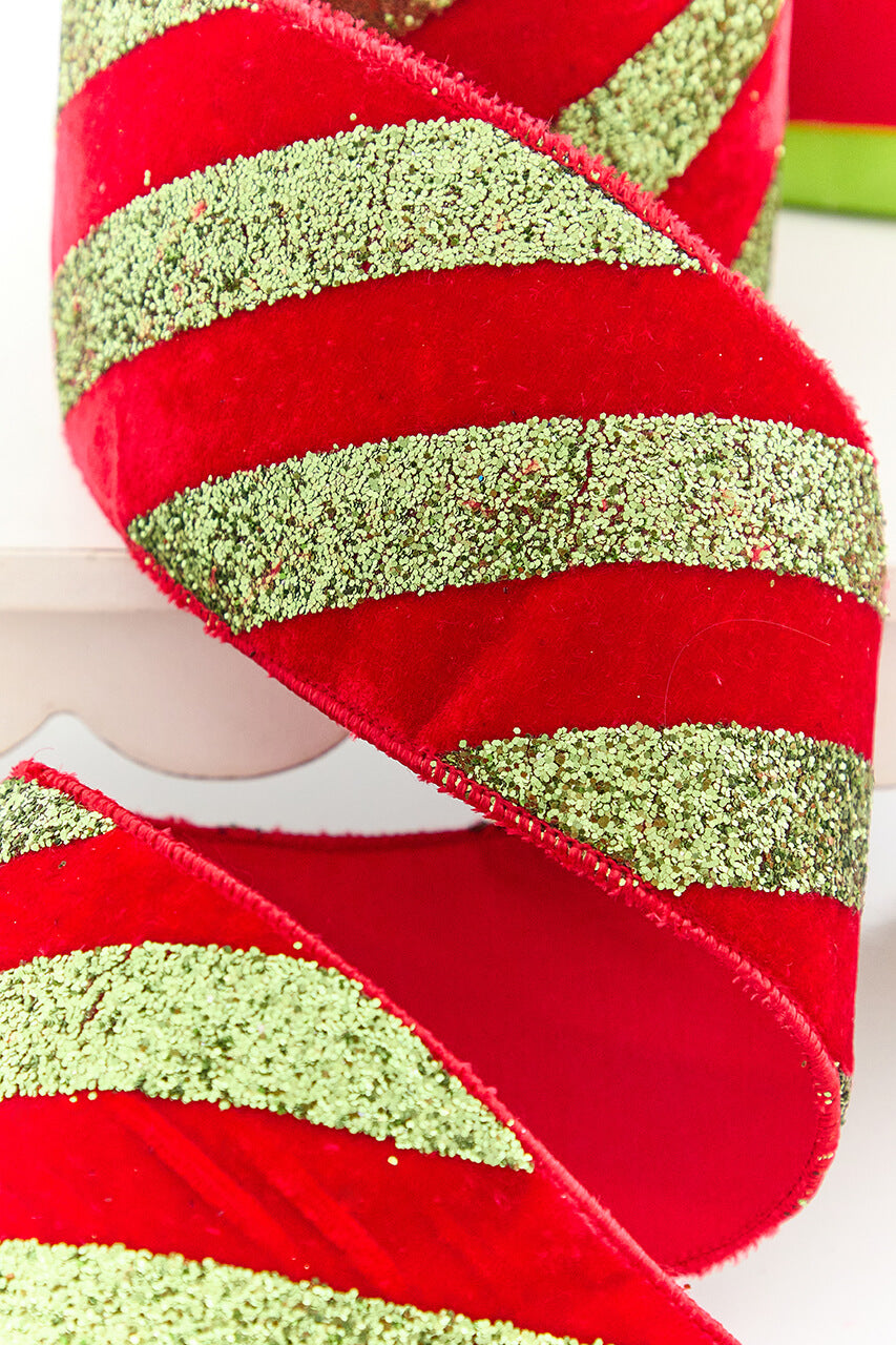 4" x 5 Yard Lime Green Glitter Stripe on Red Velvet Ribbon