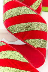 4" x 5 Yard Lime Green Glitter Stripe on Red Velvet Ribbon