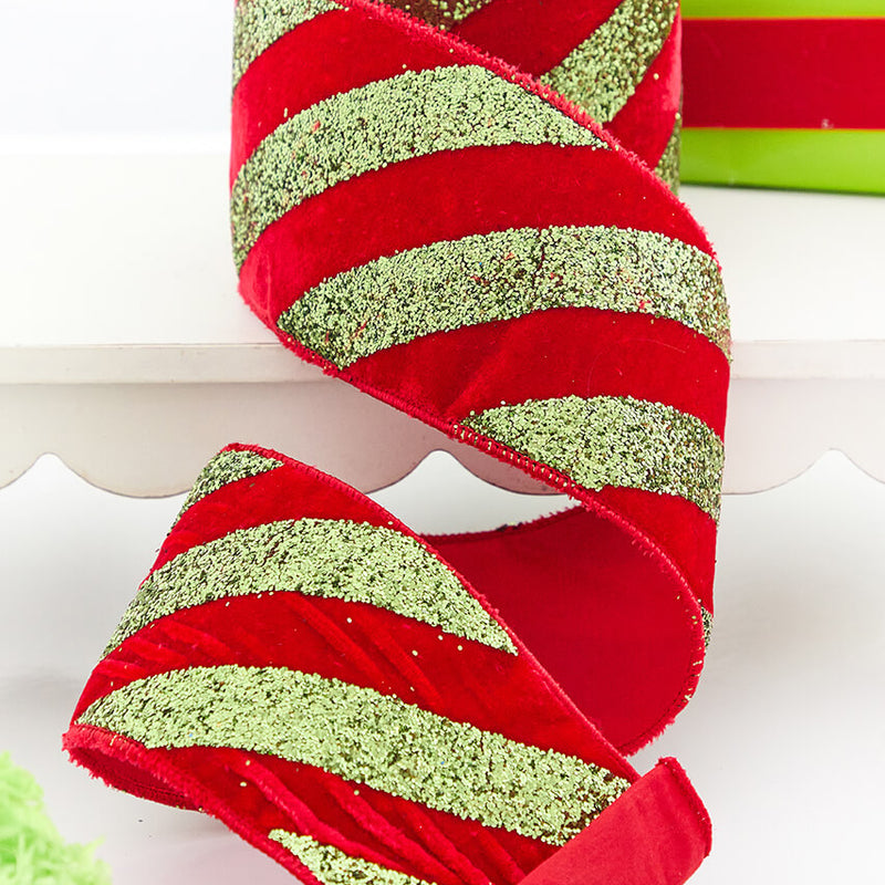 4" x 5 Yard Lime Green Glitter Stripe on Red Velvet Ribbon