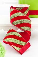 4" x 5 Yard Lime Green Glitter Stripe on Red Velvet Ribbon
