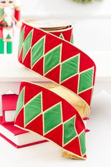 4" x 5 Yard Diamond Embroidery on Red Velvet with Gold Lamé Backing Ribbon