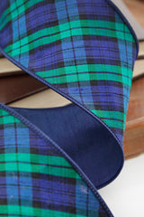 4" x 5 Yard Navy & Green Diagonal Plaid Ribbon