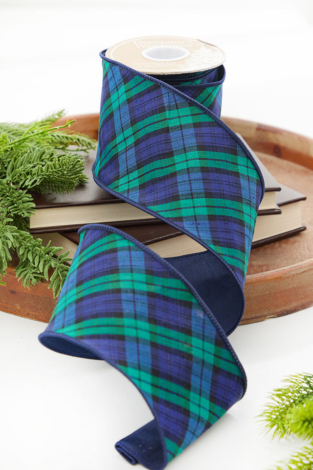 4" x 5 Yard Navy & Green Diagonal Plaid Ribbon