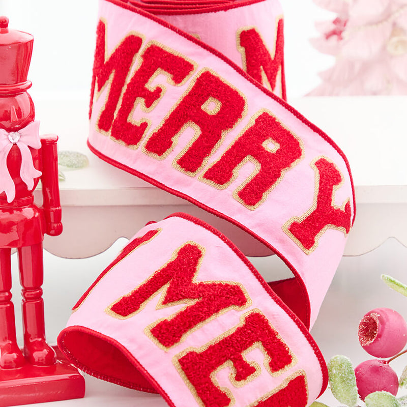 4" x 5 Yard "MERRY" Embroidery on Pink Dupioni Ribbon