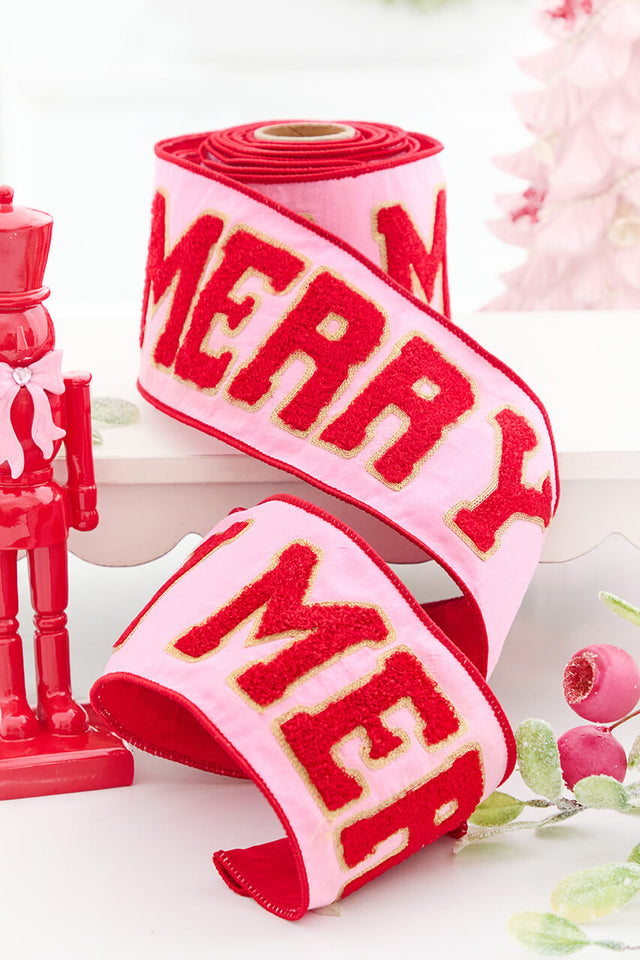 4" x 5 Yard "MERRY" Embroidery on Pink Dupioni Ribbon