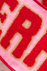 4" x 5 Yard "MERRY" Embroidery on Pink Dupioni Ribbon