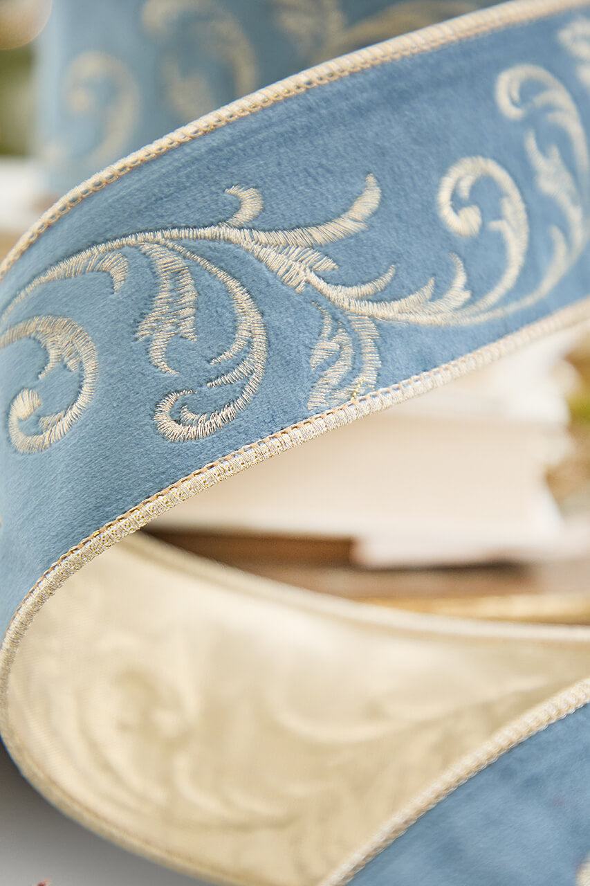 2.5" x 5 Yard Gold Embroidery on French Blue Velvet Ribbon
