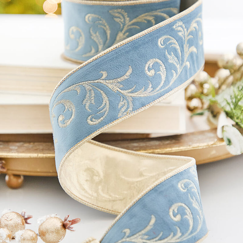 2.5" x 5 Yard Gold Embroidery on French Blue Velvet Ribbon