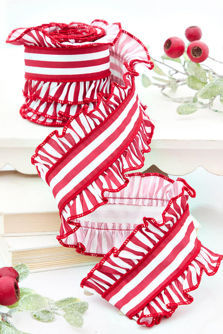 4" x 5 Yard Red & White Striped Ribbon with Pleated Edge