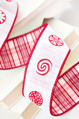 2.5" x 5 Yard Peppermint Embroidery on White Dupioni Ribbon