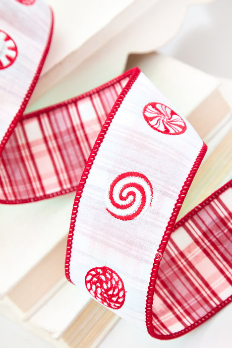 2.5" x 5 Yard Peppermint Embroidery on White Dupioni Ribbon