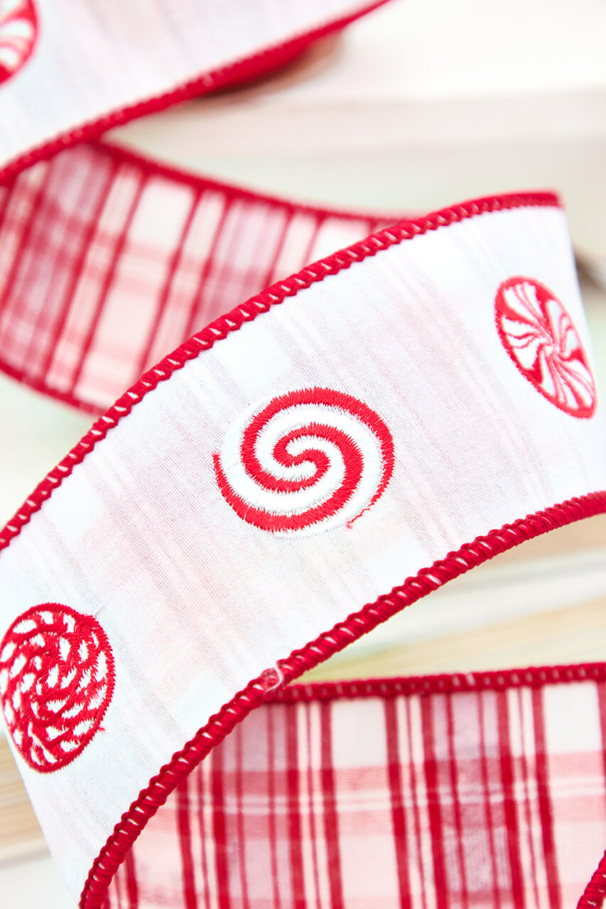 2.5" x 5 Yard Peppermint Embroidery on White Dupioni Ribbon
