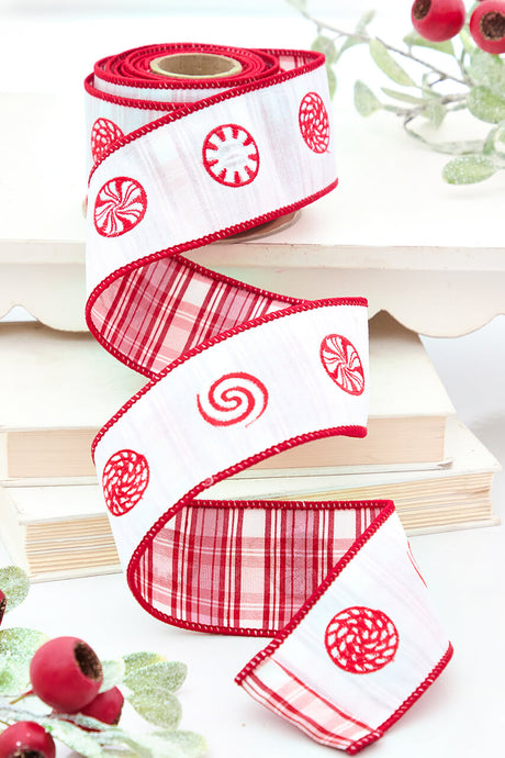 2.5" x 5 Yard Peppermint Embroidery on White Dupioni Ribbon