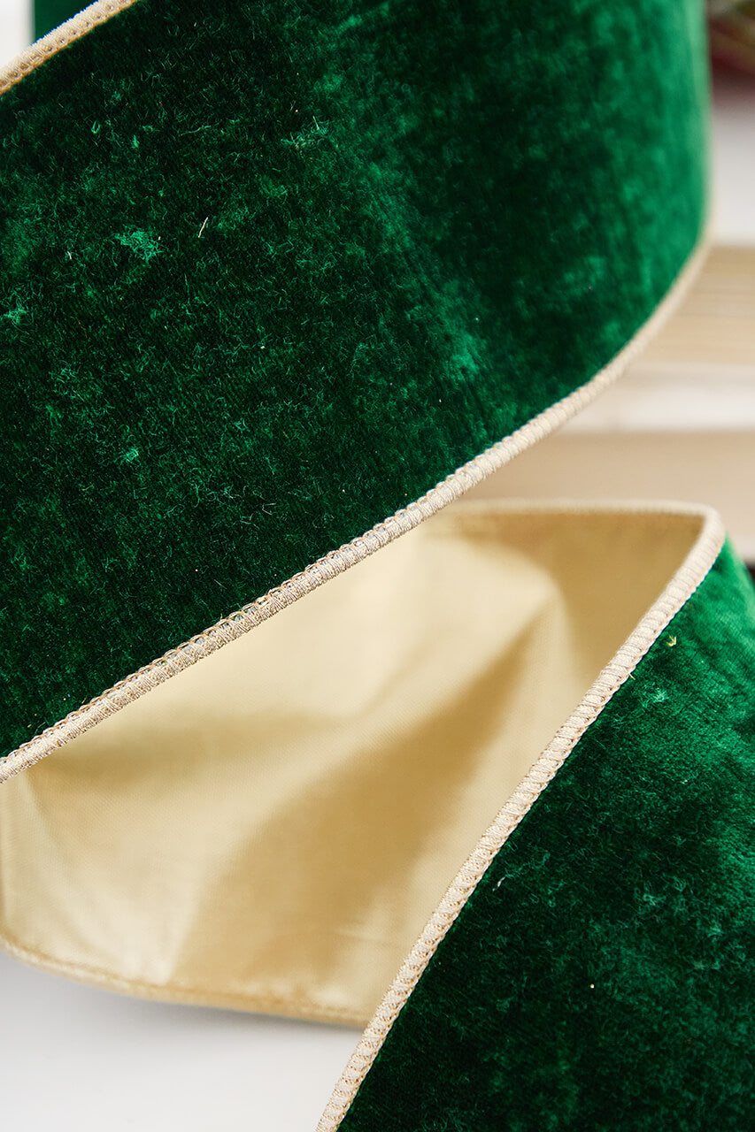 4" x 5 Yard Green Plush Velvet with Gold Lamé Backing Ribbon